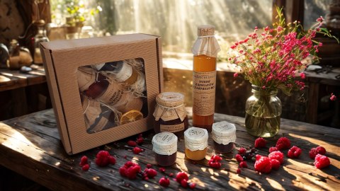 Zestaw box prezentowy, syrop, konfitury, miód
