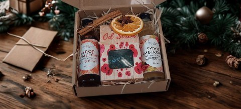 Świąteczny box prezentowy syrop herbata