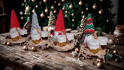 Świąteczny gotowy kosz prezentowy na drewienku Mikołaj