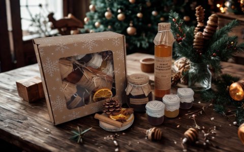 Świąteczny zestaw box prezentowy, syrop, konfitury, miód