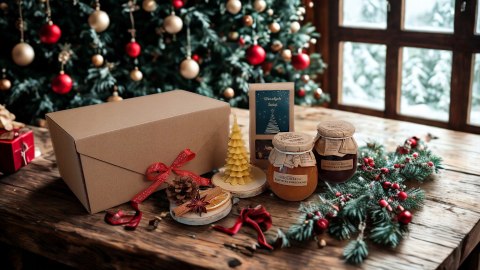 Świąteczny zestaw kosz prezentowy herbata konfitury świeca
