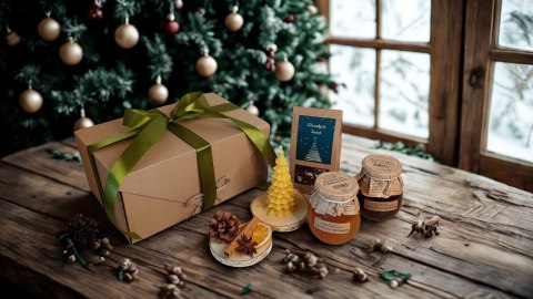 Świąteczny zestaw kosz prezentowy herbata konfitury świeca