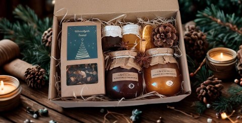 Świąteczny zestaw kosz prezentowy herbata konfitury