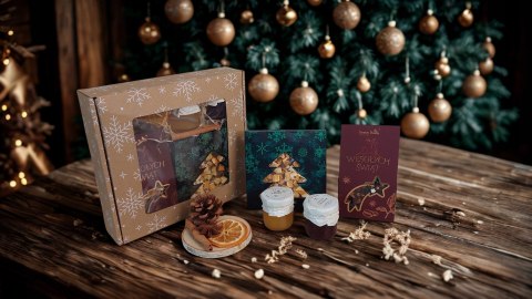 Zestaw kosz prezent świąteczny box czekolada herbata miód