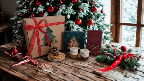 Zestaw kosz prezentowy świąteczny box czekolada herbata miód