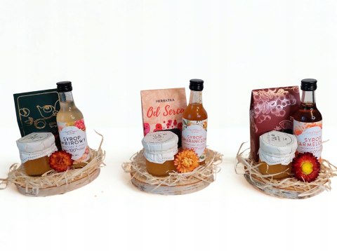 Zestaw na drewienku mini box herbatka miód syrop