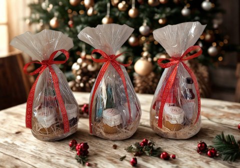 Zestaw na drewienku świąteczny mini box herbatka miód syrop